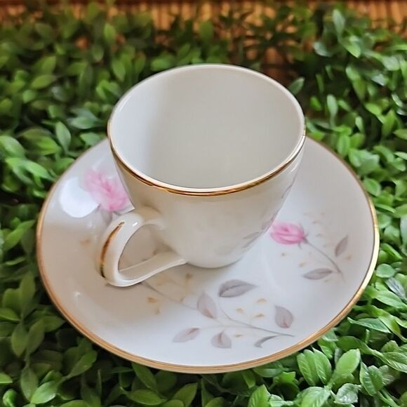Vintage Japan Abalone China Flamingo Rose Demitasse Teacup & Saucer - Picture 5 of 12